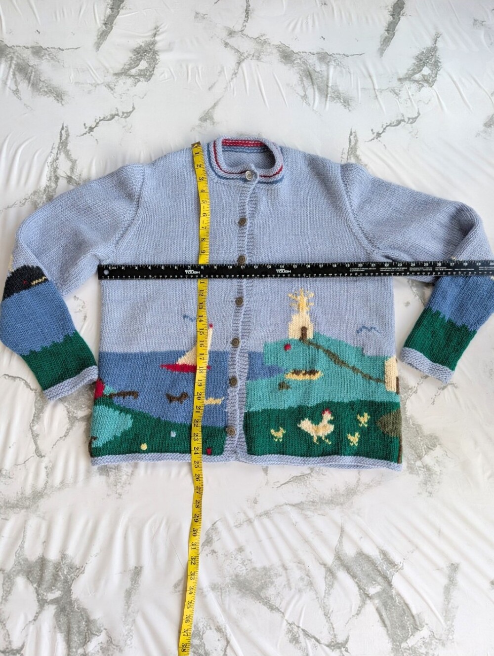 Rare Vintage Hand Knitted Graphic Hot Air Folk Sweater Cardigan Women's Large - Picture 10 of 11